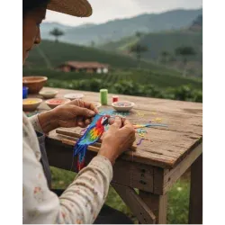 Mujer rural trabajando en su emprendimiento de tejido